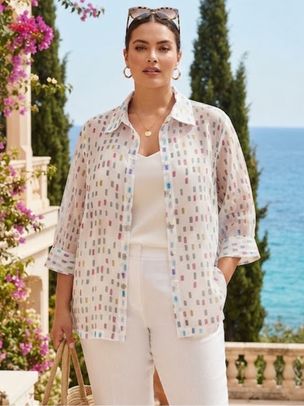 Notations woman’s multicolored pattern blouse with mother of pearl buttons